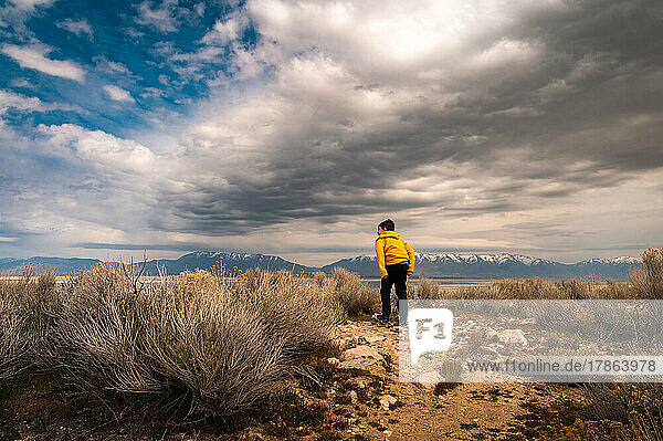 a curious boy looking at the view at antelope island in Utah