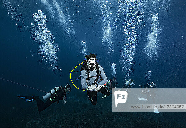 divers performing a mandatory safety stop at the Andaman Sea