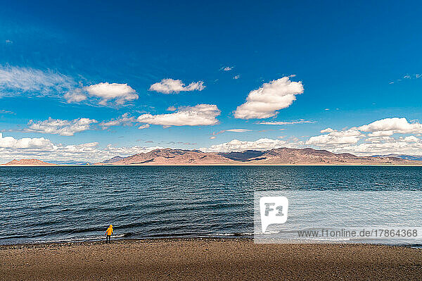 a boy playing on the lakeshore at pyramid lake in Nevada