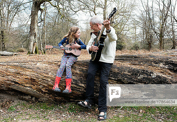 grandfather teaching his granddaughter to play guitar in the forest