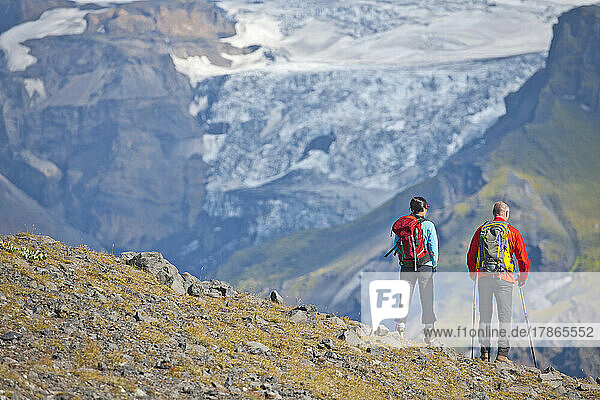 couple hiking in the Thorsmork valley in Iceland