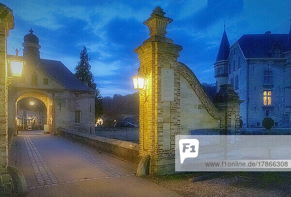 The illuminated moated castle Schaloen in Valkenburg aan de Geul at blue hour  Holland  Netherlands  Europe.