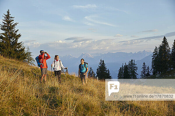 Man looking through binoculars standing with friends on mountain  Mutters  Tyrol  Austria