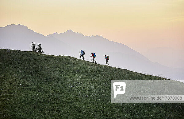 Hikers with hiking poles on mountain at sunrise  Mutters  Tyrol  Austria