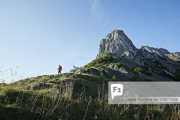 Hikers on mountain in front of blue sky  Mutters  Tyrol  Austria