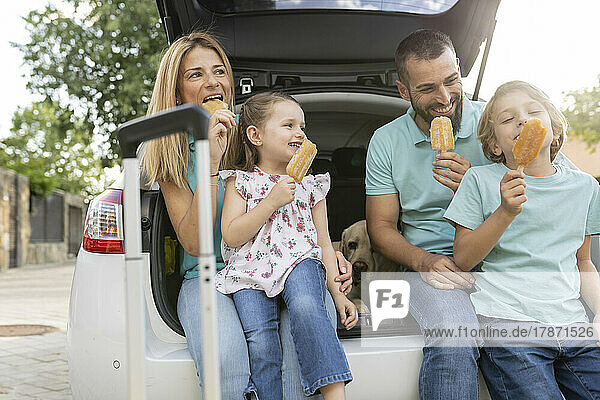 Happy family eating ice pops sitting in car trunk