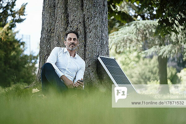 Businessman with mobile phone sitting by solar panel in park
