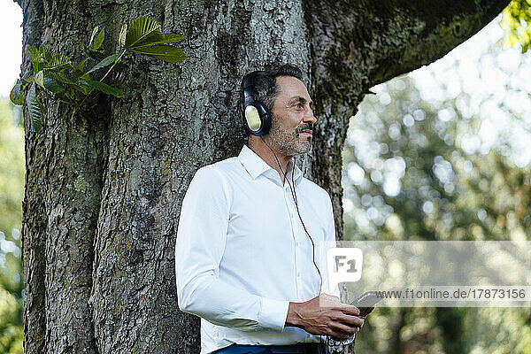 Businessman holding mobile phone listening music through headphone leaning on tree trunk