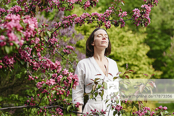 Smiling woman with eyes closed standing by apple blossom tree