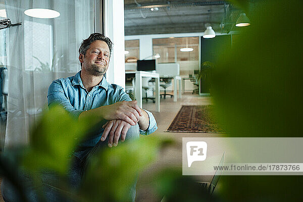 Smiling mature businessman sitting by glass wall in office