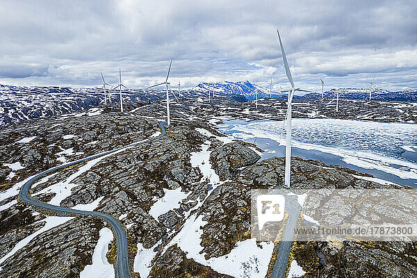 Norway  Nordland  Drone view of wind farm in Store Haugfjell range