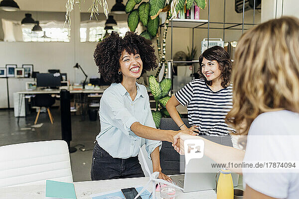 Glückliche Geschäftsfrau schüttelt ihrem Kollegen am Arbeitsplatz die Hand