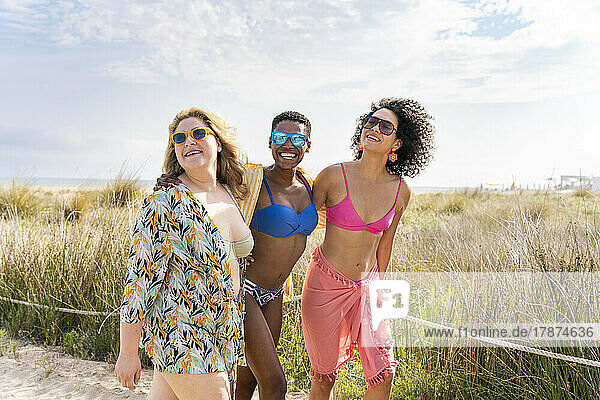 Multiracial women in bikinis at beach on sunny day