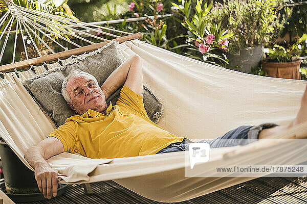 Retired senior man sleeping in hammock