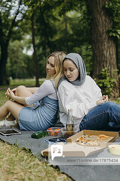 Junge Freunde sitzen Rücken an Rücken auf einer Picknickdecke mit Essen und Trinken im Park