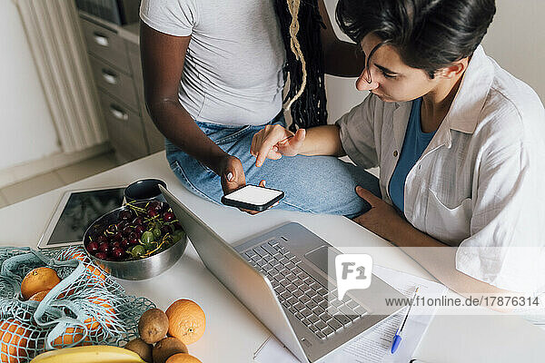 Lesbian couple doing online shopping through smart phone at home