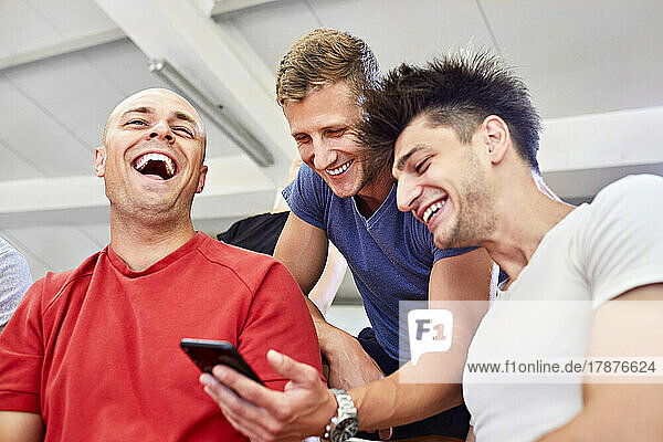 Fröhliche Freunde  die im Stadion ihr Smartphone teilen