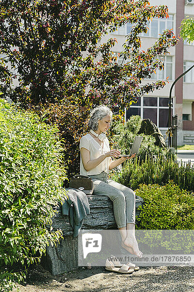 Freelancer sitting on rock bench using laptop in park