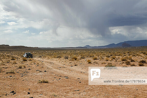 United States  Navajo Nation  New Mexico  Shiprock  Car in desert 