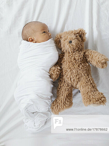 Newborn baby boy (0-1 months) with teddy bear