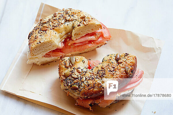 Studio shot of bagel with lox and cream cheese