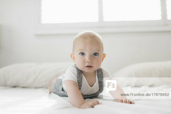 Portrait of baby boy (6-11 months) on bed