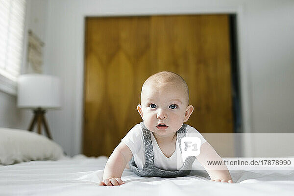 Portrait of baby boy (6-11 months) lying on bed