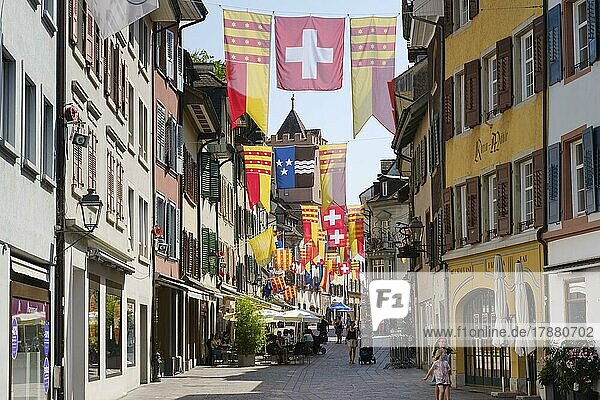 Flags in Marktgasse  pedestrian zone  Rheinfelden  Canton Aargau  Switzerland  Europe