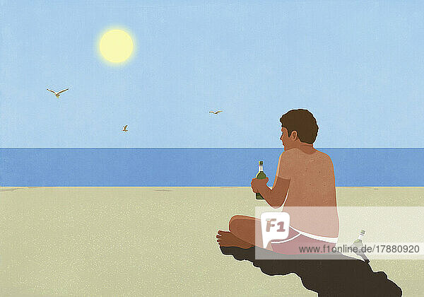 Sunburned man drinking beer on sunny summer ocean beach