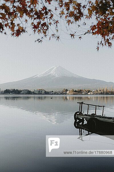 Scenic view Mount Fuji and tranquil lake  Japan