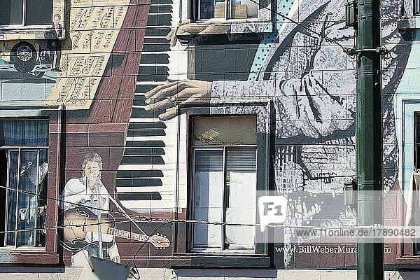 Mural  Jazz Mural  detail with pianist  guitarist and singer  artist Bill Weber  North Beach  San Francisco  California  USA  North America