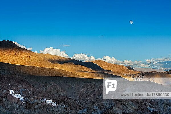 Basgo Gompa (Tibetan Buddhist monastery) and Himalayan landscape on sunset and moonrise. Ladakh  India  Asia
