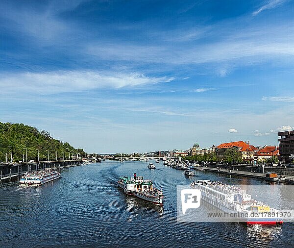 Tourist boats on Vltava river in Prague  Czech Republic  Europe