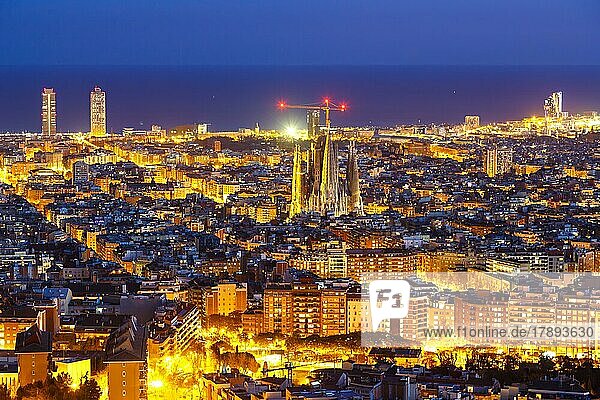 Skyline city overview with Sagrada Familia church in Barcelona  Spain  Europe