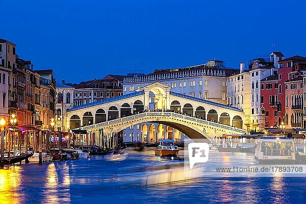 Rialto Bridge Rialto Bridge over Canal Grand with Gondola Holiday Travel City by Night in Venice  Italy  Europe