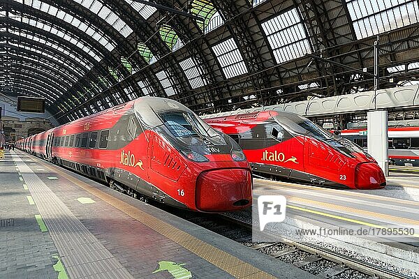 Italo ETR 675 Pendolino Hochgeschwindigkeitszüge von Nuovo Trasporto Viaggiatori NTV im Bahnhof Milano Centrale in Mailand  Italien  Europa