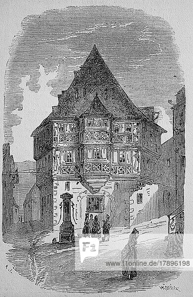 The Hotel zum Riesen in Miltenberg in 1869  one of the oldest inns  Lower Franconia  Bavaria  Germany  Historic  digitally restored reproduction of a 19th century original  exact original date unknown  Europe