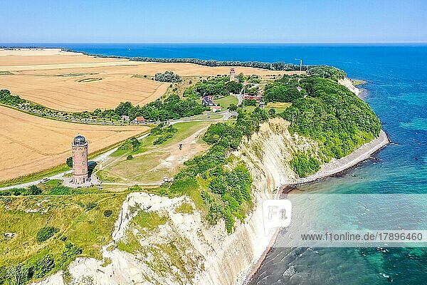 Aerial view of Cape Arkona on the island of Rügen at the Baltic Sea with lighthouse and chalk cliffs in Cape Arkona  Germany  Europe