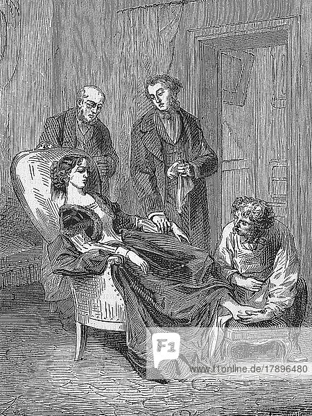 Der Tod von Hannah Greener durch das Einatmen von zu viel Chloroform als Narkosemittel  1848  England  Historisch  digital restaurierte Reproduktion einer Originalvorlage aus dem 19. Jahrhundert  genaues Originaldatum nicht bekannt