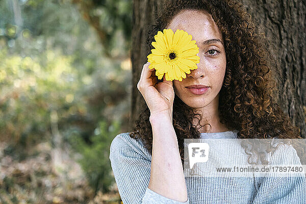 Junge Frau mit lockigem Haar hält gelbe Blume übers Auge