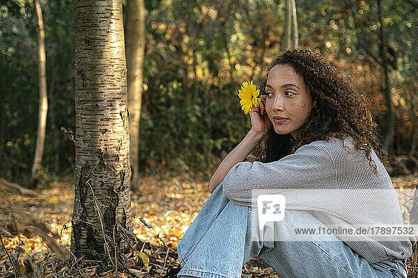 Schöne junge Frau mit gelber Blume sitzt im Park