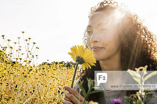 Lächelnde Frau riecht Blumen im Park