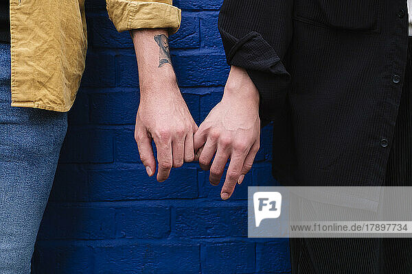 Gay couple holding hands standing in front of blue wall