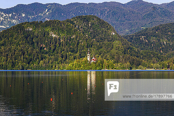 Slovenia  Upper Carniola  Church  Buoys in front of Bled Island