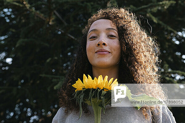 Lächelnde junge Frau mit Sonnenblume an einem sonnigen Tag