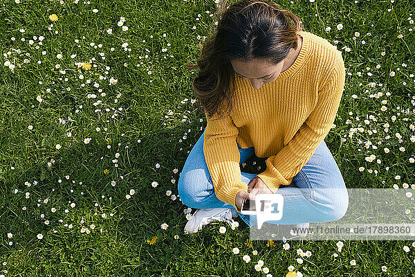 Frau sitzt mit Smartphone im Gras im Park