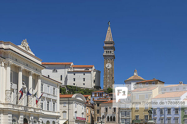 Slovenia  Piran  Bell tower of Saint George Church and surrounding houses