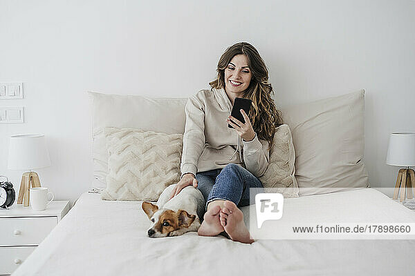 Smiling woman surfing internet through phone and stroking dog at home
