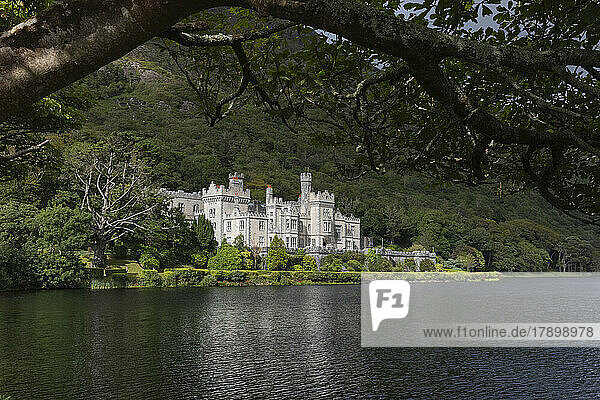 Kylemore Abbey amidst trees at Pollacapall Lough lakeshore  County Galway  Ireland