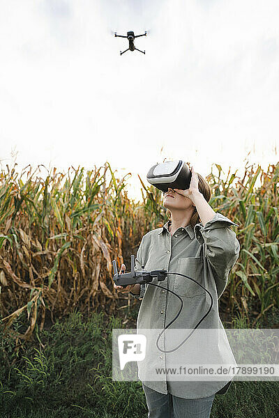 Woman with VR glasses and remote control operating drone in maize field